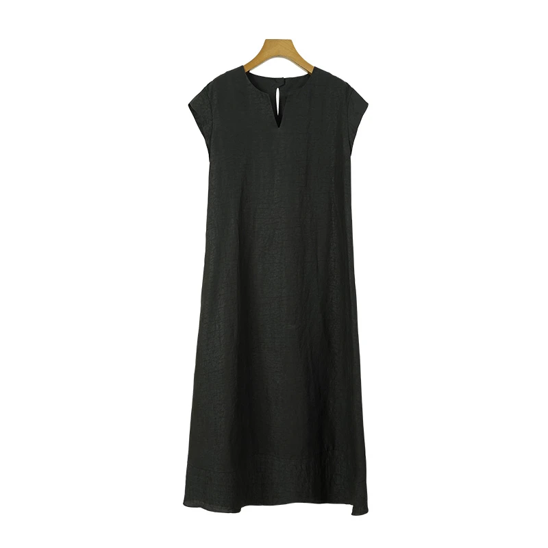 26姆米桑蚕丝香云纱小V领/净版非遗小飞袖连衣裙（240788）