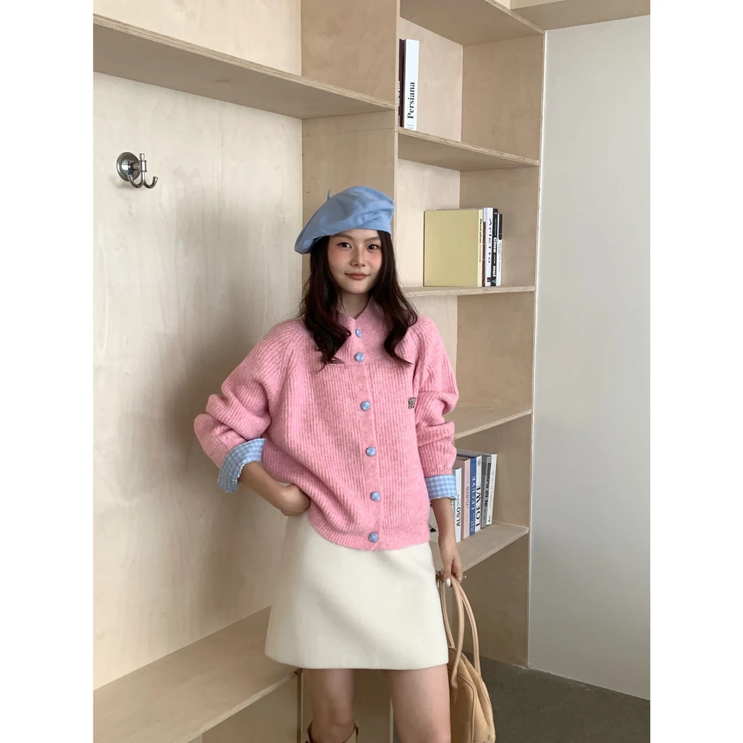 韩系复古灰色翻领长袖针织开衫女春季新款慵懒风宽松显瘦毛衣外套