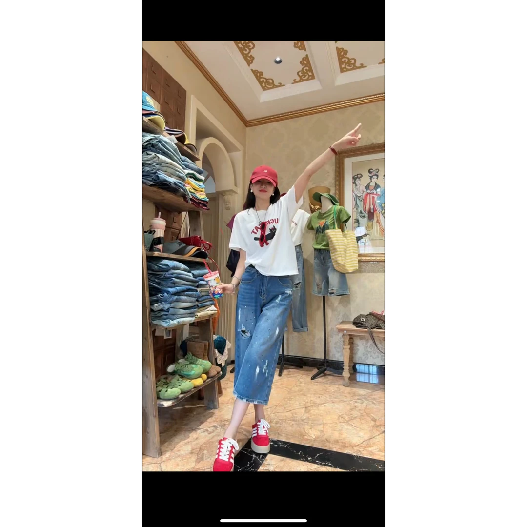 2025夏季新款时髦率性梨形A字阔腿七分阔腿裤宽松时尚洋气牛仔裤