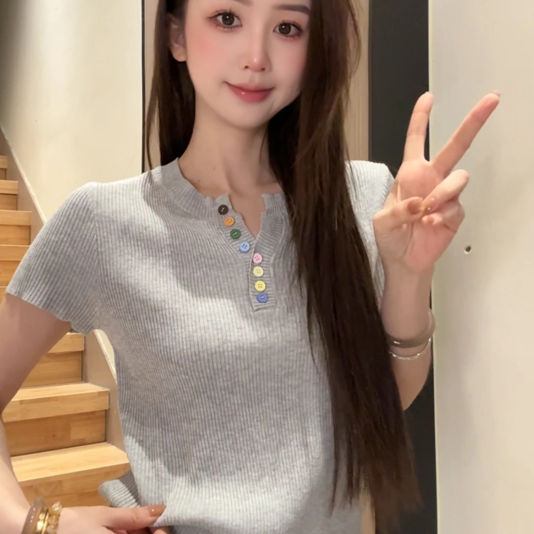 法式半纽扣坑条纯色短袖针织T恤女2025夏装新款修身显瘦百搭上衣