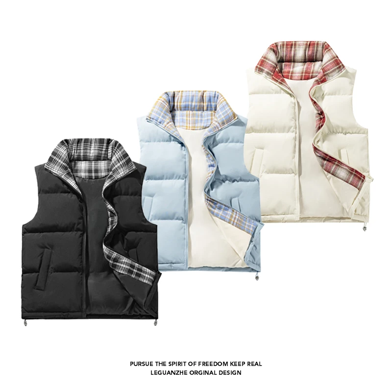 美式格子拼接马甲棉衣男款秋冬加厚保暖慵懒风cleanfit叠穿外套