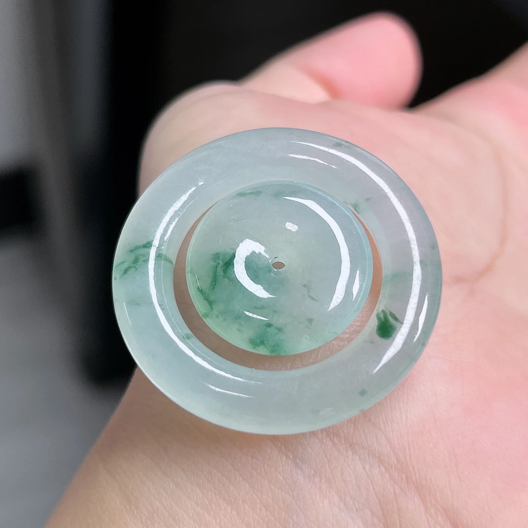 缅甸天然A货翡翠糯冰飘花字母平安扣吊坠子母扣35×5.7×19.6×5.1