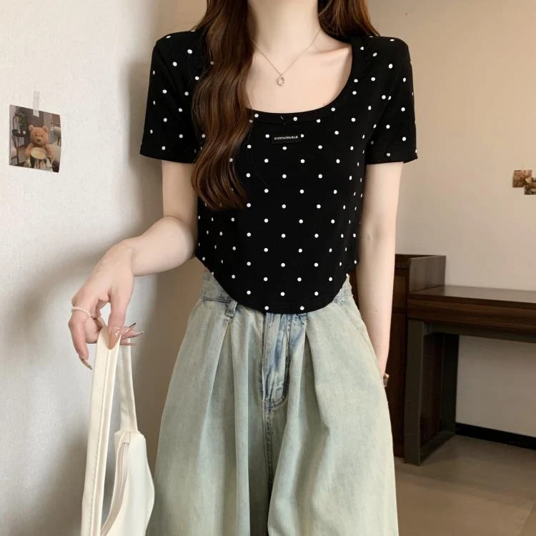 【JRXR女装】法式波点领正肩短袖恤女夏大码胖洋气卡腰小衫不规则