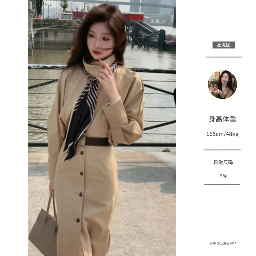 【现售】高级感气质立领风衣连衣裙女春季显瘦心机法式宽松长款外套