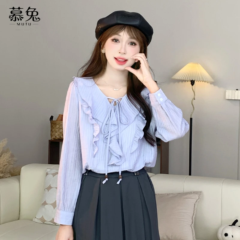慕兔法式气质荷叶边长袖衬衫女秋2024新款别致V领设计感小众上衣