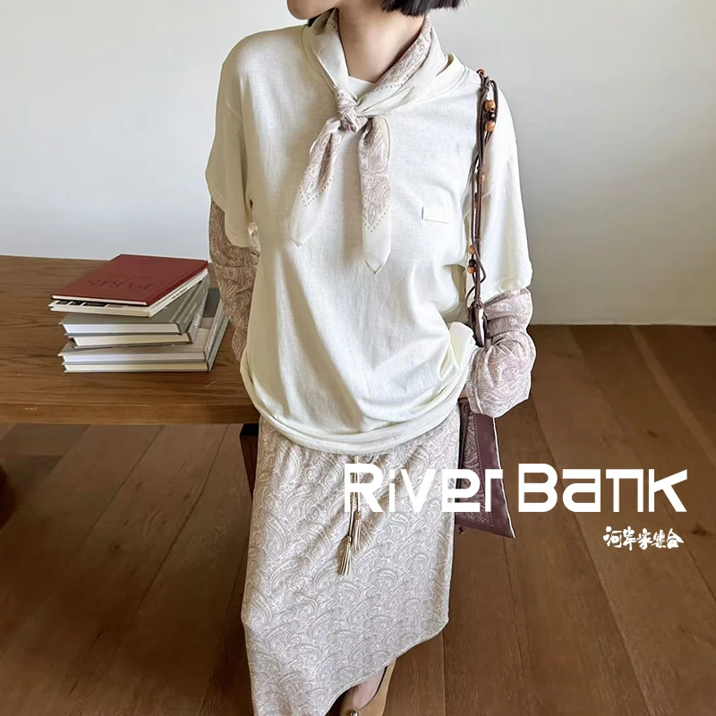 河岸家设计师ODTD丝巾腰果花撞色假两件T恤长袖上衣女25秋