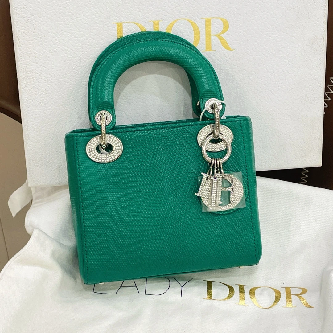 95新 DIOR/迪奥 lady 三格墨绿色戴妃满钻女士手提斜挎包