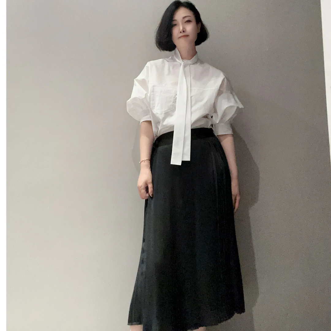 小众设计高定轻奢进口精纺棉飘带灯笼袖中袖衬衣MT10399