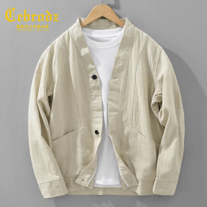 法国Cebrodz男纯色男士秋季棉麻工装夹克长袖休闲夹克秋季宽松男