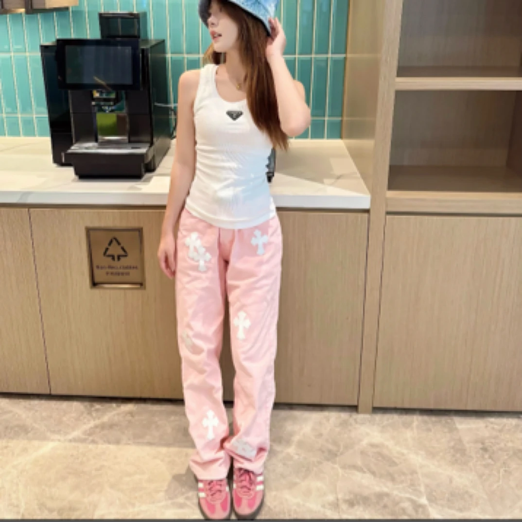 XXin 夏季新款粉色重工拼皮高腰显瘦直筒牛仔裤女