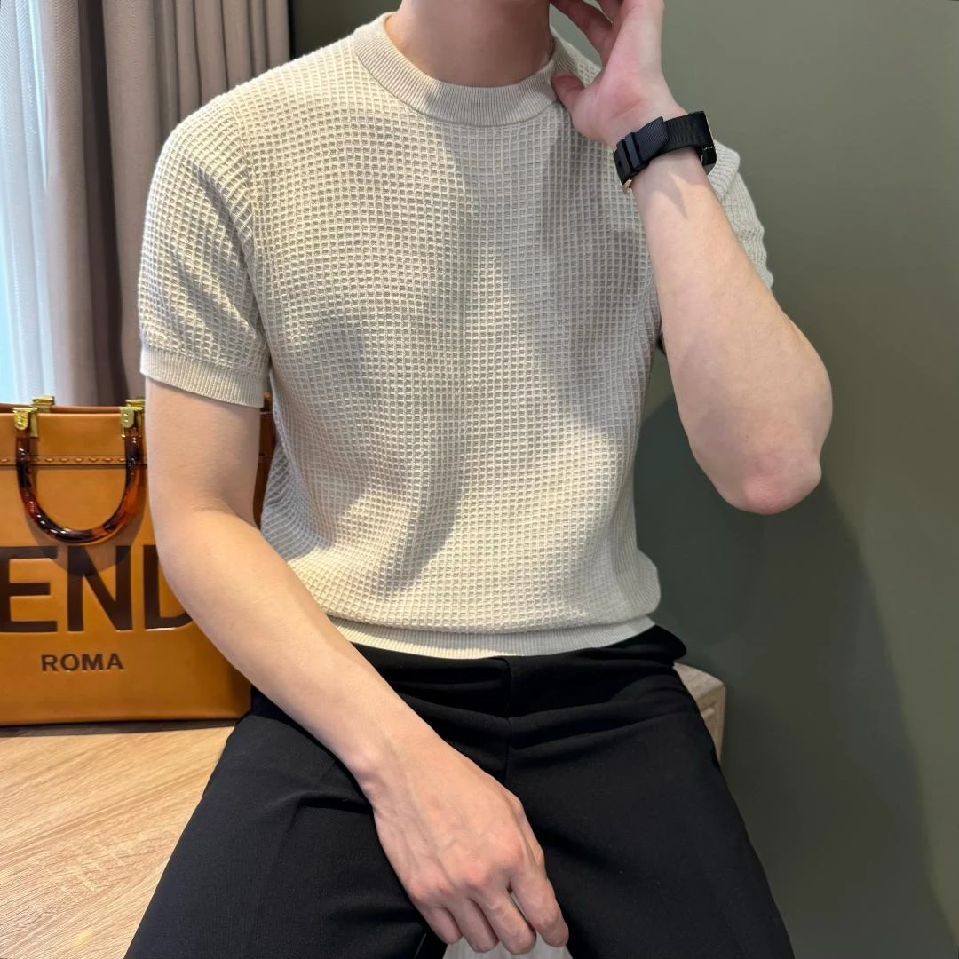 WUSHE物社【老钱风】100%纯棉夏季纯色针织短袖t恤男士时尚休闲上衣