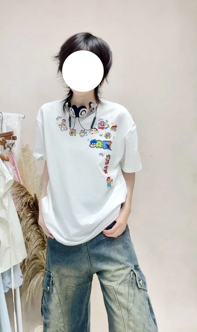 纯棉圆领短袖印花卡通风卡通白色时尚T恤潮流夏季短袖百搭宽松