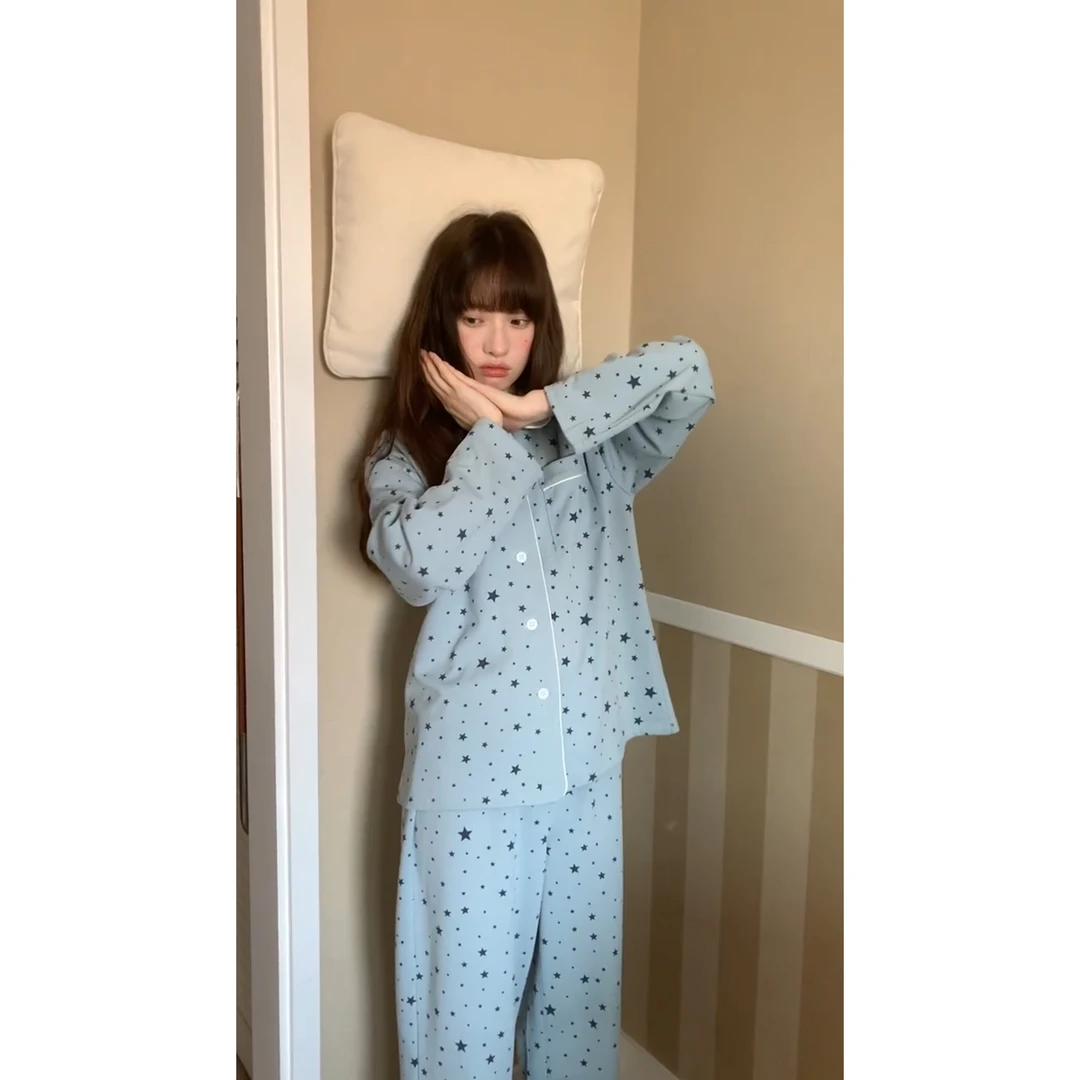 韩版星星印花德绒长袖睡衣女款爆款秋冬季新款显瘦长裤居家服套装