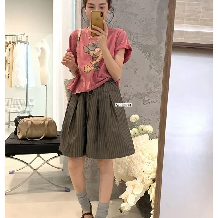 【豆豆】韩国东大门时尚夏季设计感小众水洗复古风米奇短袖T恤女