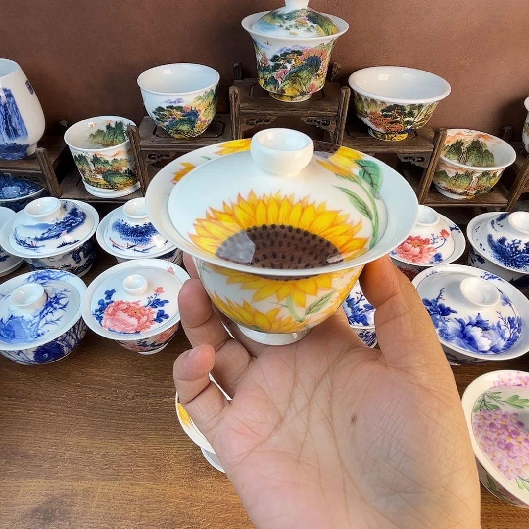 忠意堂釉下彩向日葵盖碗