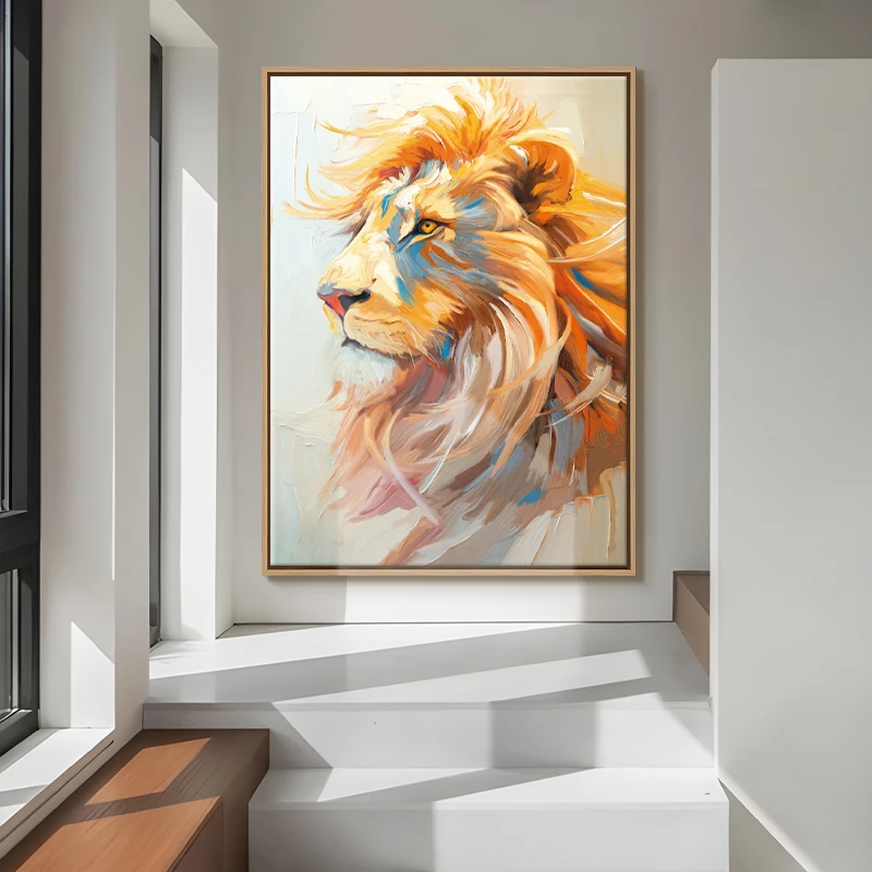 雄狮手绘油画玄关客厅餐厅书房原木风挂画动物文艺油画电表箱壁画