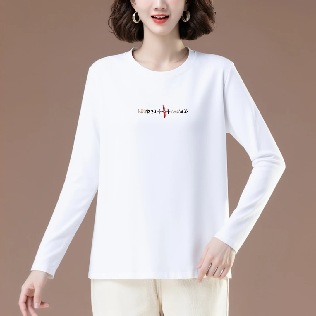 纯棉长袖t恤女士2025新款大码妈妈秋衣外穿春秋宽松圆领打底上衣