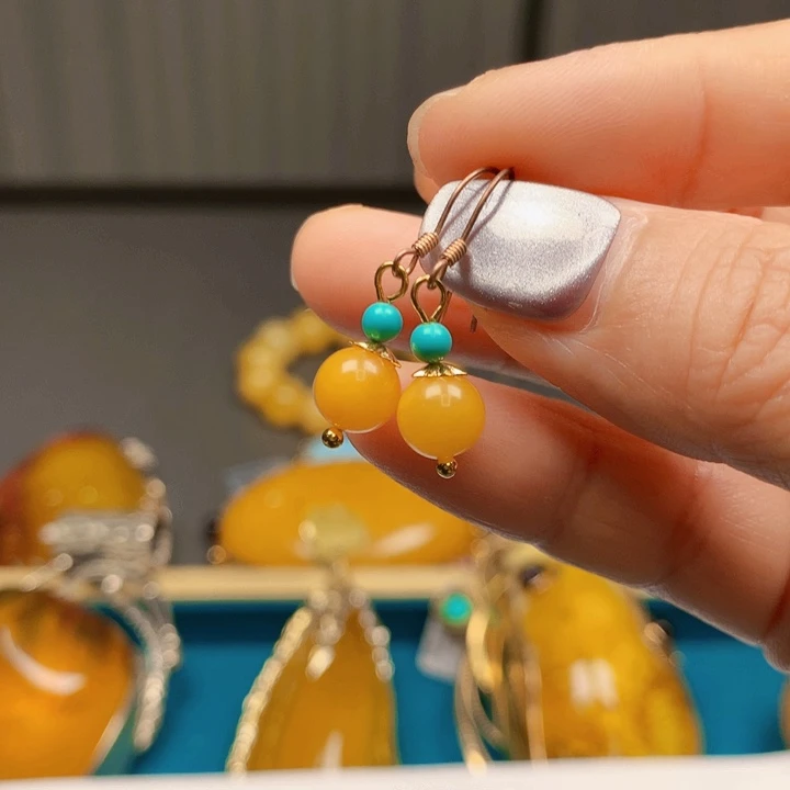 琥珀银S925镶嵌耳饰波兰设计款琥珀蜜蜡