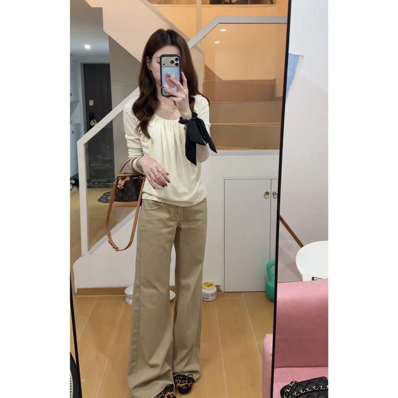 2025秋季新款法式气质宽松圆领褶皱长袖上衣百搭高腰显瘦阔腿长裤