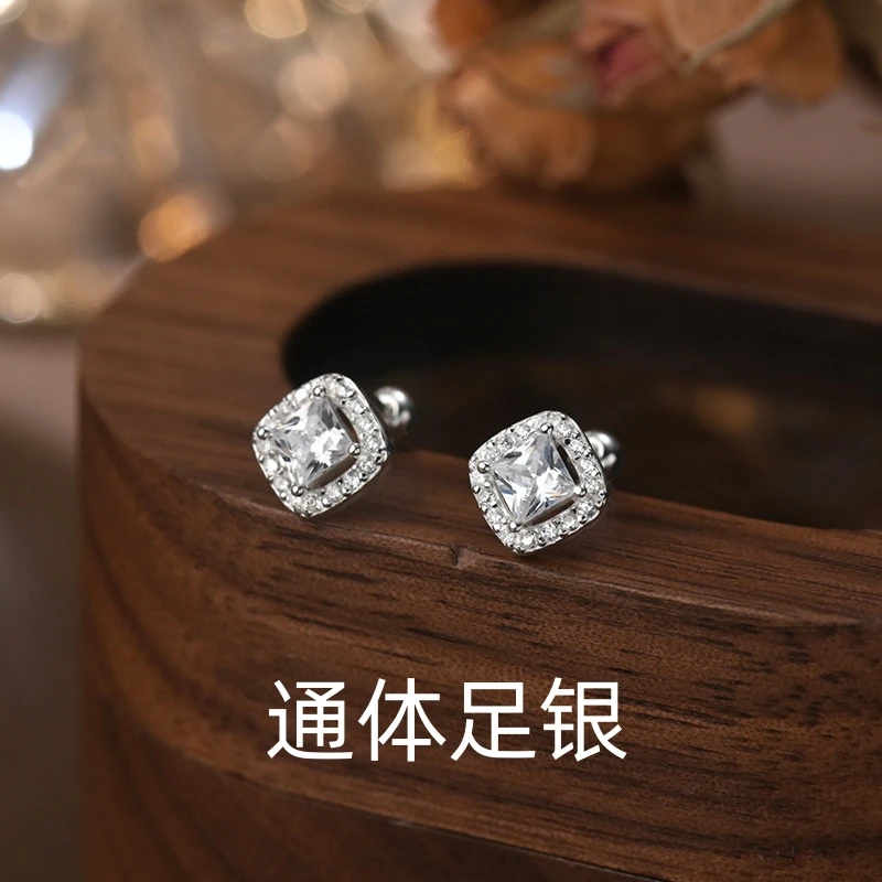 足银耳饰 999足银方形镶钻耳钉小清新甜美耳环女小众高级气质耳饰