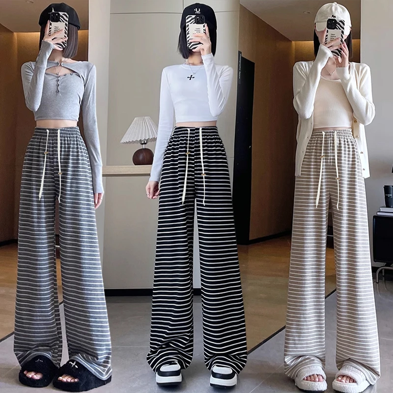 2025时尚韩版孕妇春秋季条纹裤子慵懒阔腿裤外穿休闲裤长裤