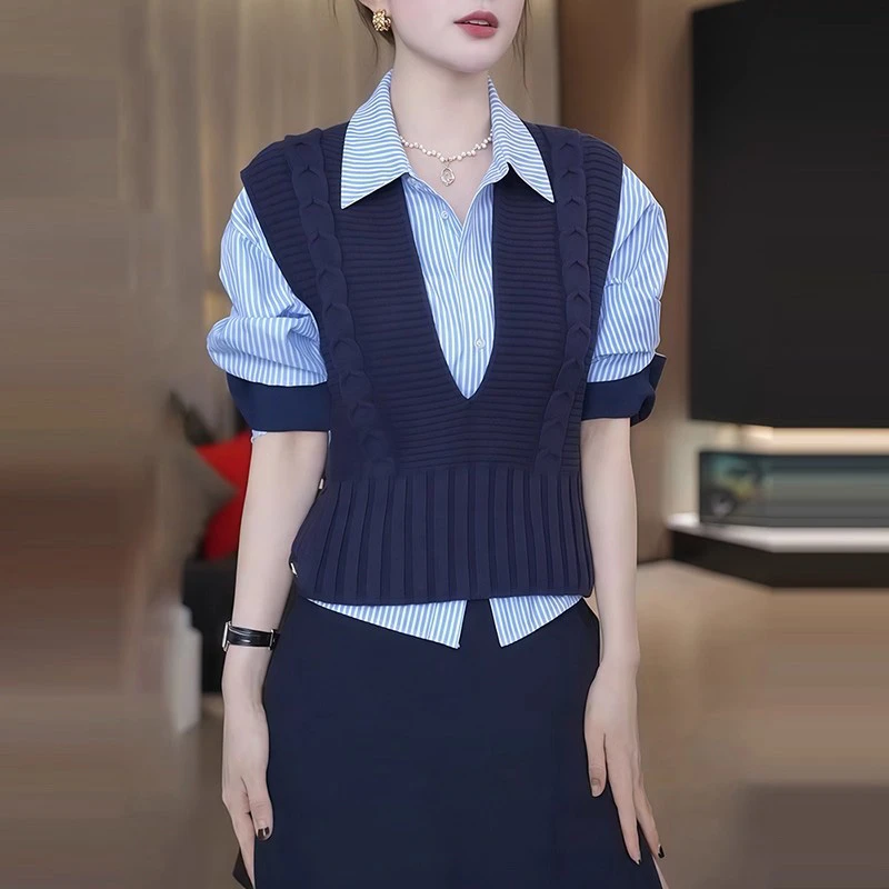 韩系秋季穿搭套装新款针织V领马甲收腰休闲条纹衬衫女通勤三件套