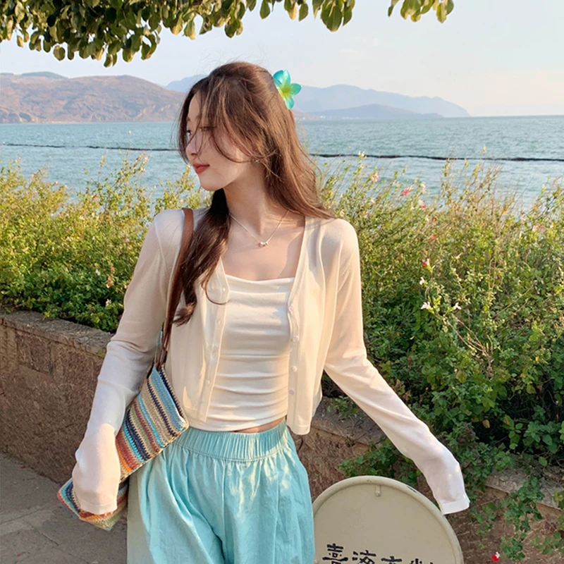 开衫白色配吊带连衣裙女2025新款夏季防晒上衣针织外套薄款小外搭
