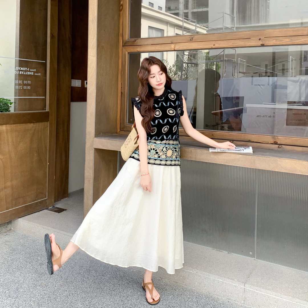 UQS2025夏季气质减龄小个子时尚休闲套装女提花无袖上衣阔腿裤