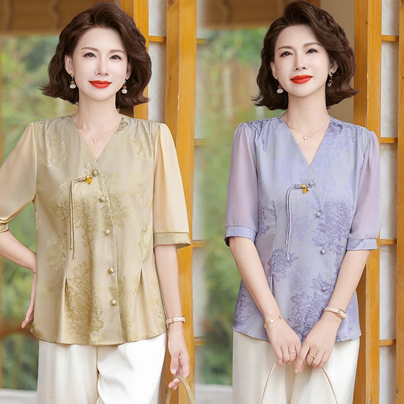 新中式妈妈夏季雪纺短袖衬衫中老年女装时尚七分袖显瘦上衣两件套