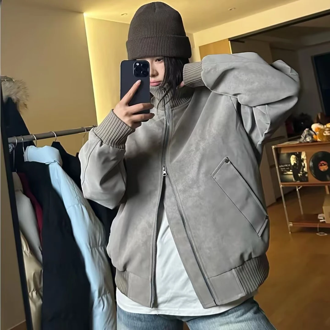 冬季加绒加厚轮廓感皮衣外套男女宽松百搭上衣