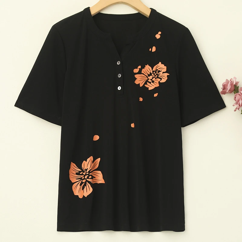 LANZIBES/蓝之蓓真丝加捻V领短袖T恤显瘦桑蚕丝定位花上衣D8422