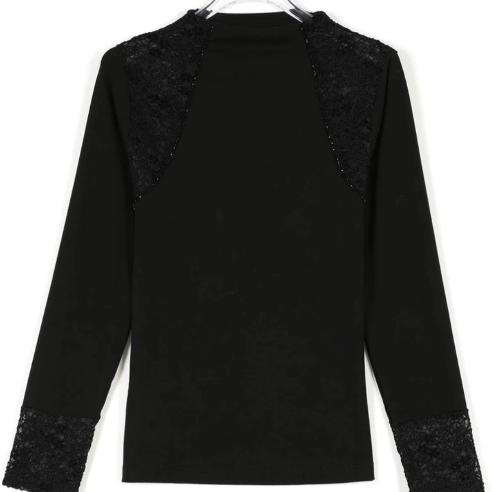 高级感加绒拼丝绒蕾丝高领磨毛修身显瘦百搭长袖打底衫上衣女冬季