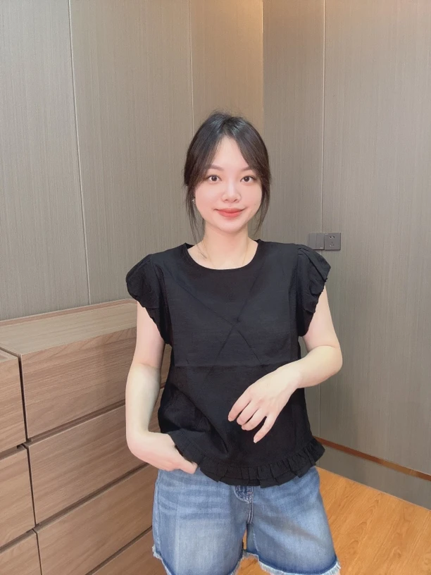 御妍婷花边衬衫短袖显瘦正肩圆领t恤女百搭弹力新款上衣8721