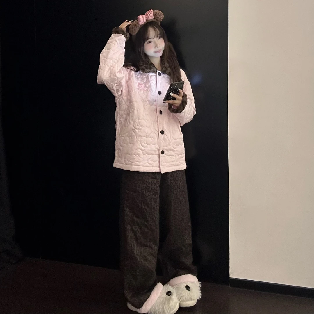 【甜美Kitty】粉色加厚绗棉家居服套装2025秋冬新款可外穿情侣睡衣