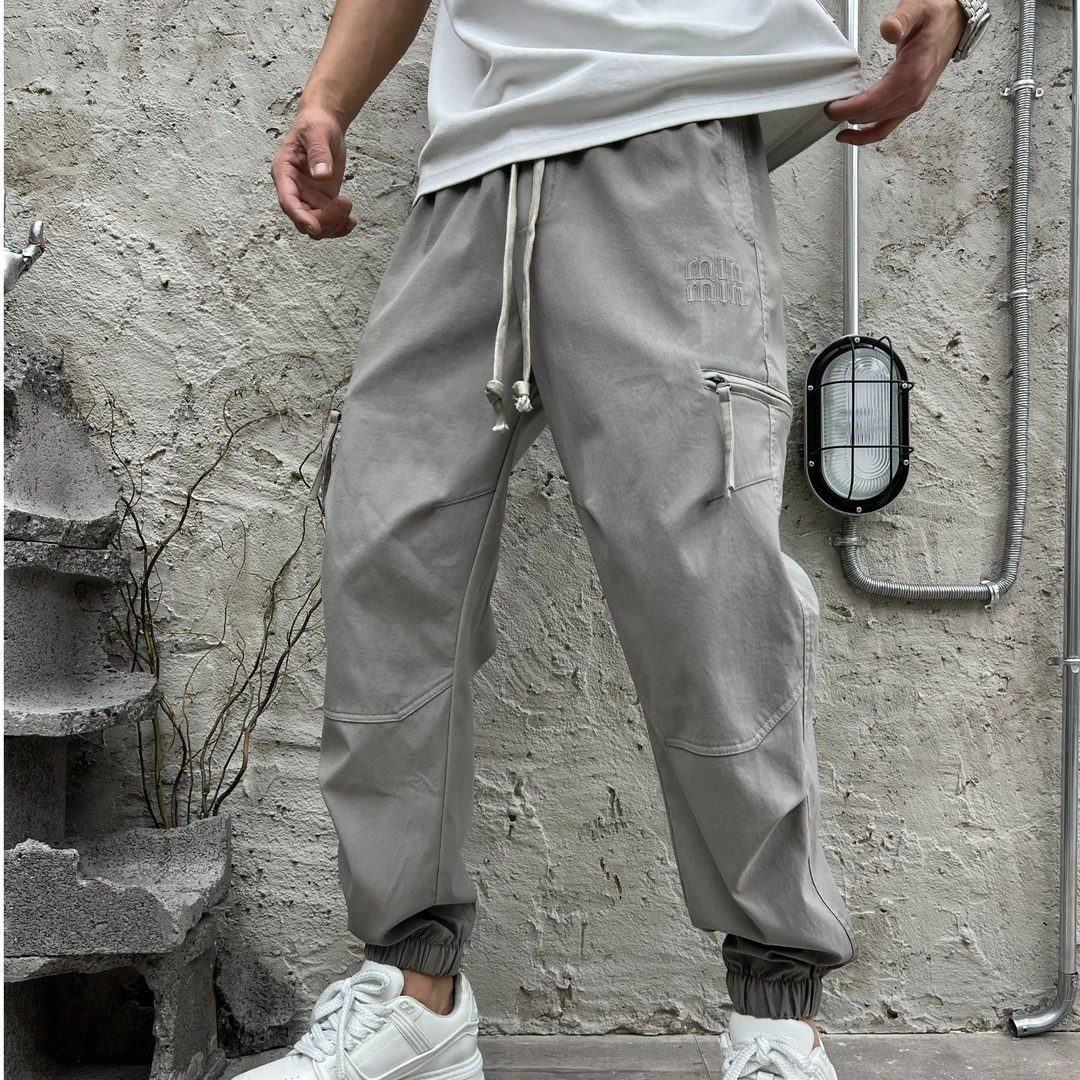 春季新款水洗做旧字母刺绣工装裤时尚潮流宽松百搭帅气束脚休闲裤