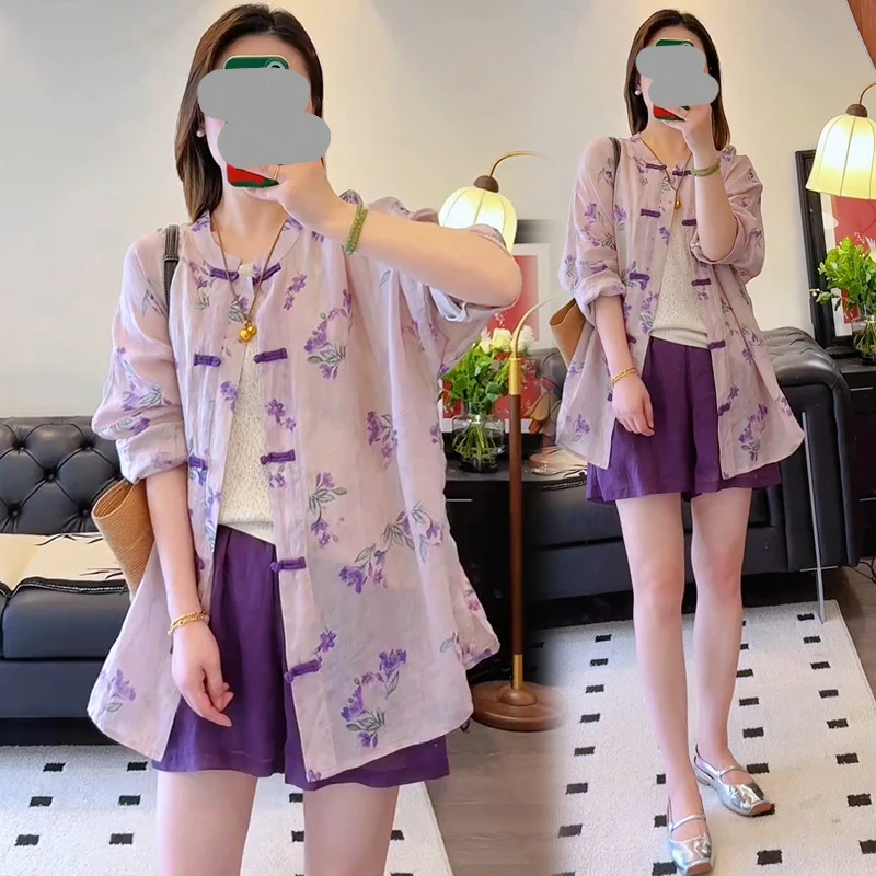 新中式国风套装女夏季大码宽松盘扣防晒衬衫短裤洋气减龄两件套