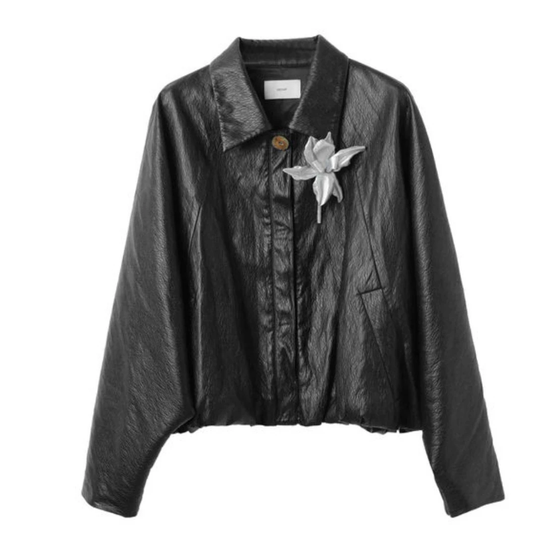 ICE DUST2025春夏环保皮翻领廓形休闲外套女