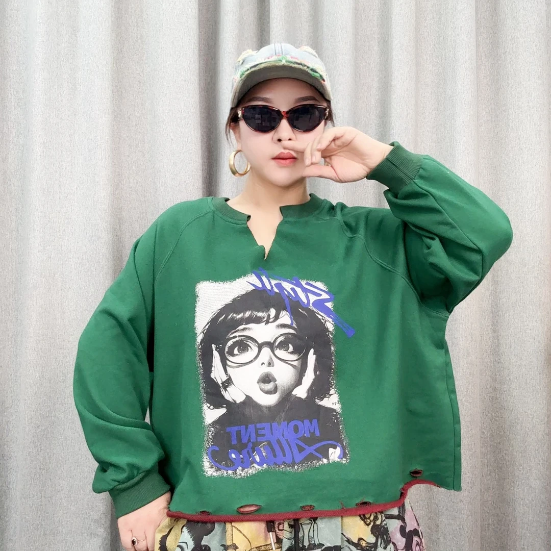 25558欧货春季新款百搭时尚百搭气质潮流印花小女孩V领卫衣