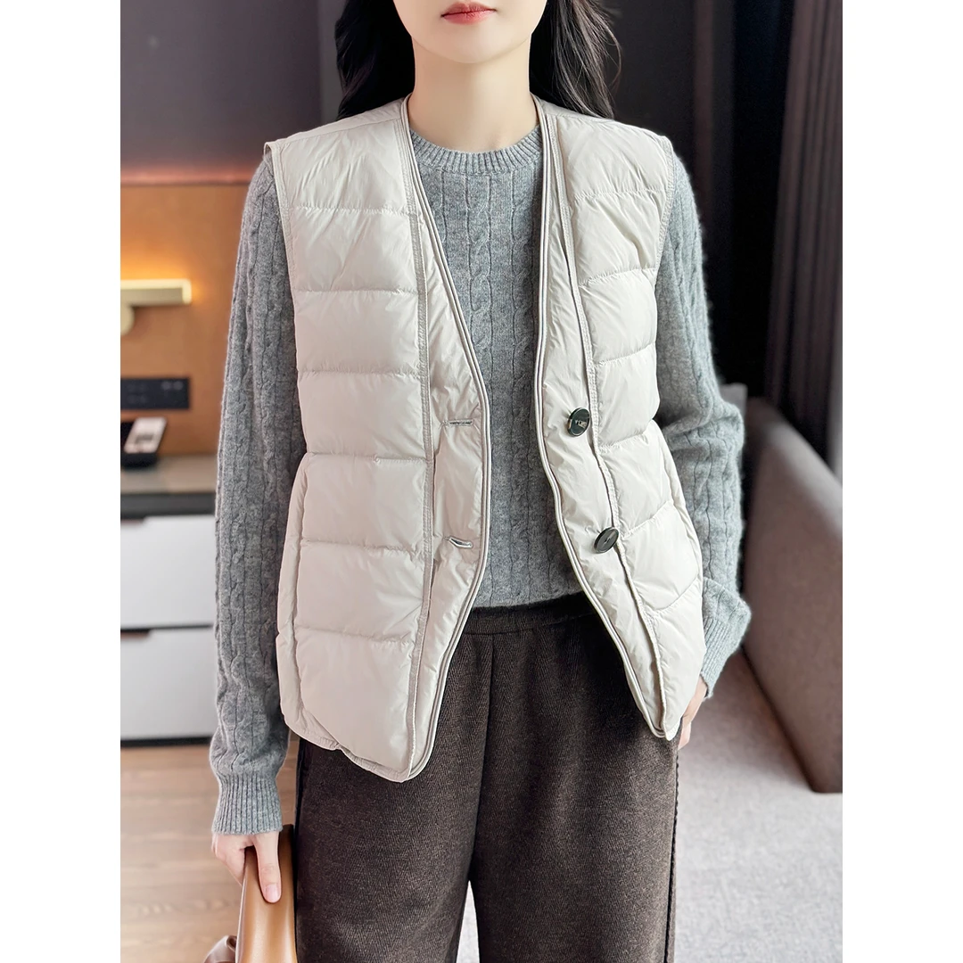 左左家 轻盈蓬松保暖~双层V领90白鸭绒羽绒马甲外套无袖叠穿马夹