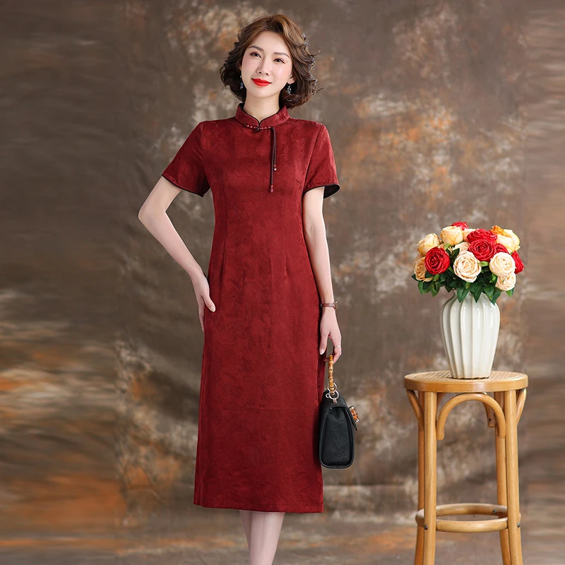 齐黛花罗香云纱连衣裙女新款高端旗袍裙红色婚宴喜婆婆妈妈真丝裙