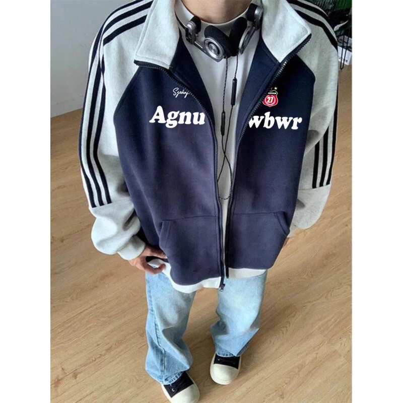 美式潮流个性字母印花拼接三条杠卫衣男秋冬季宽松立领拉链外套