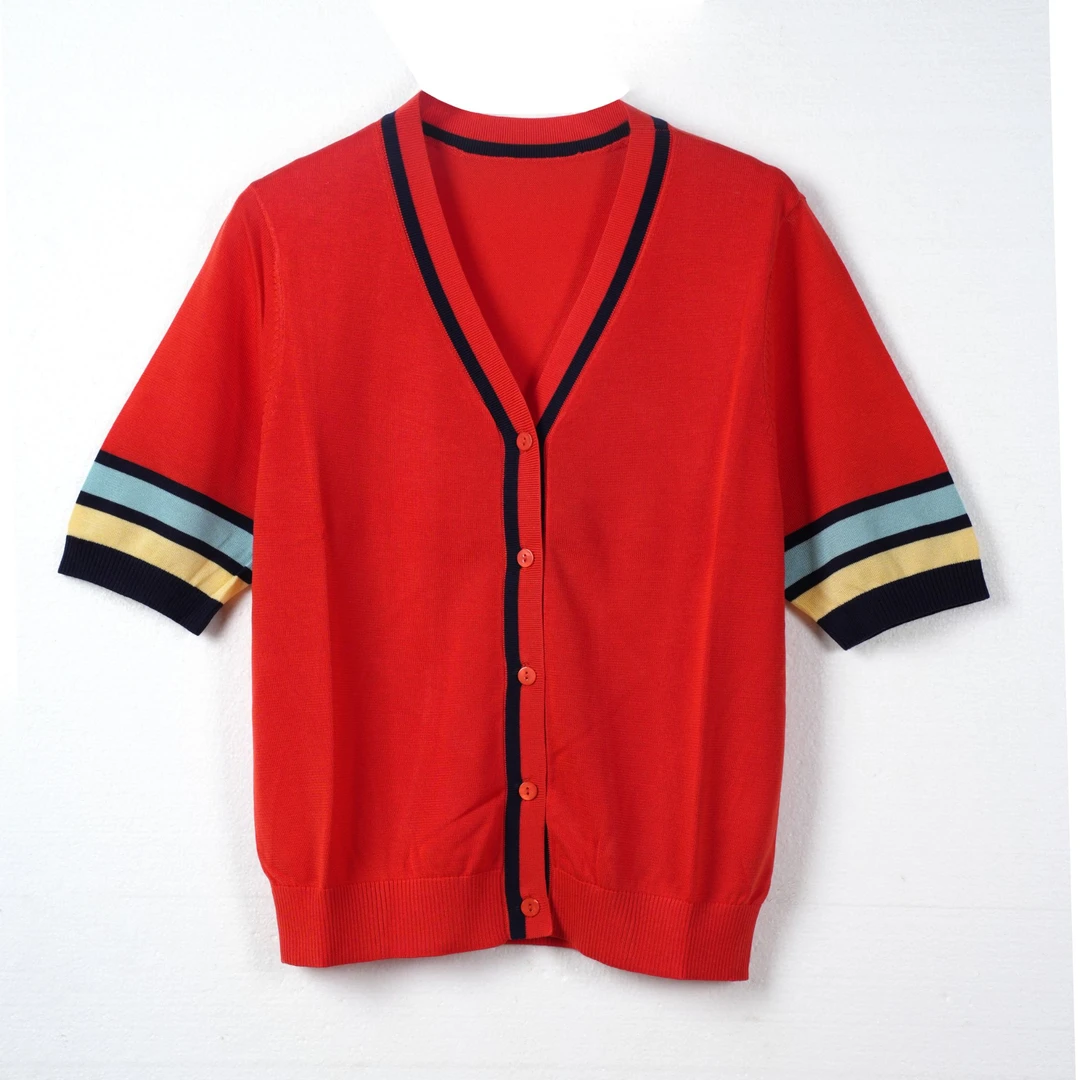 莱赛尔天丝春夏款短袖显瘦v领时尚拼色针织开衫时髦-31007*