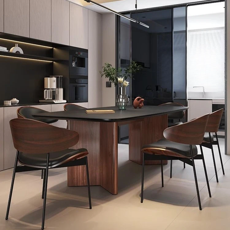 意式复古风胡桃色实木餐桌椅组合侘寂风长方形高端岩板中古餐桌椅