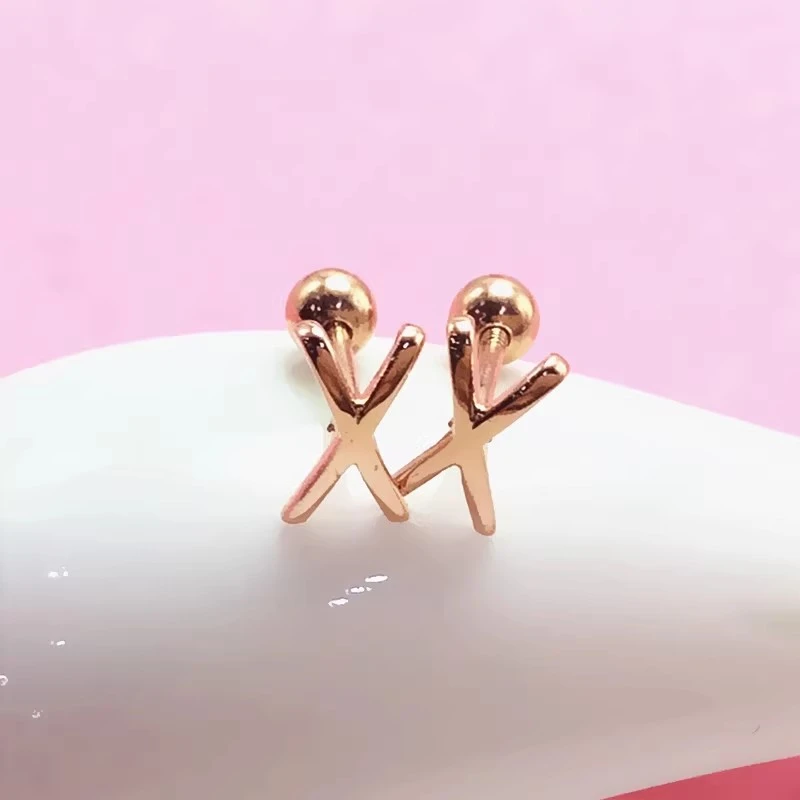 光面X字母螺丝耳钉时尚简约显气质14K玫瑰金耳饰