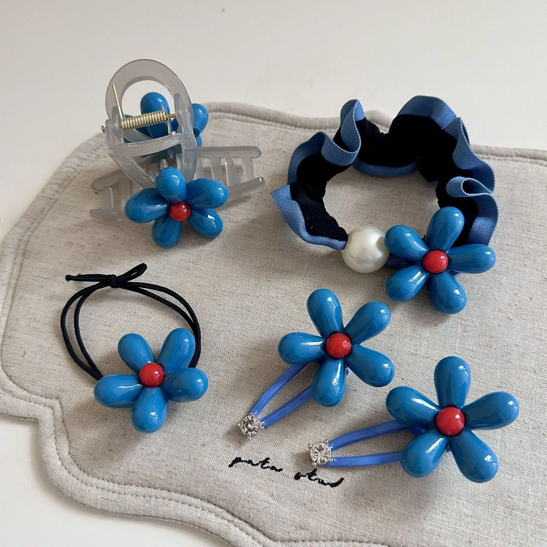 韩国东大门新款蓝色花朵发圈发夹侧边夹鲨鱼夹前额碎发头饰发饰女