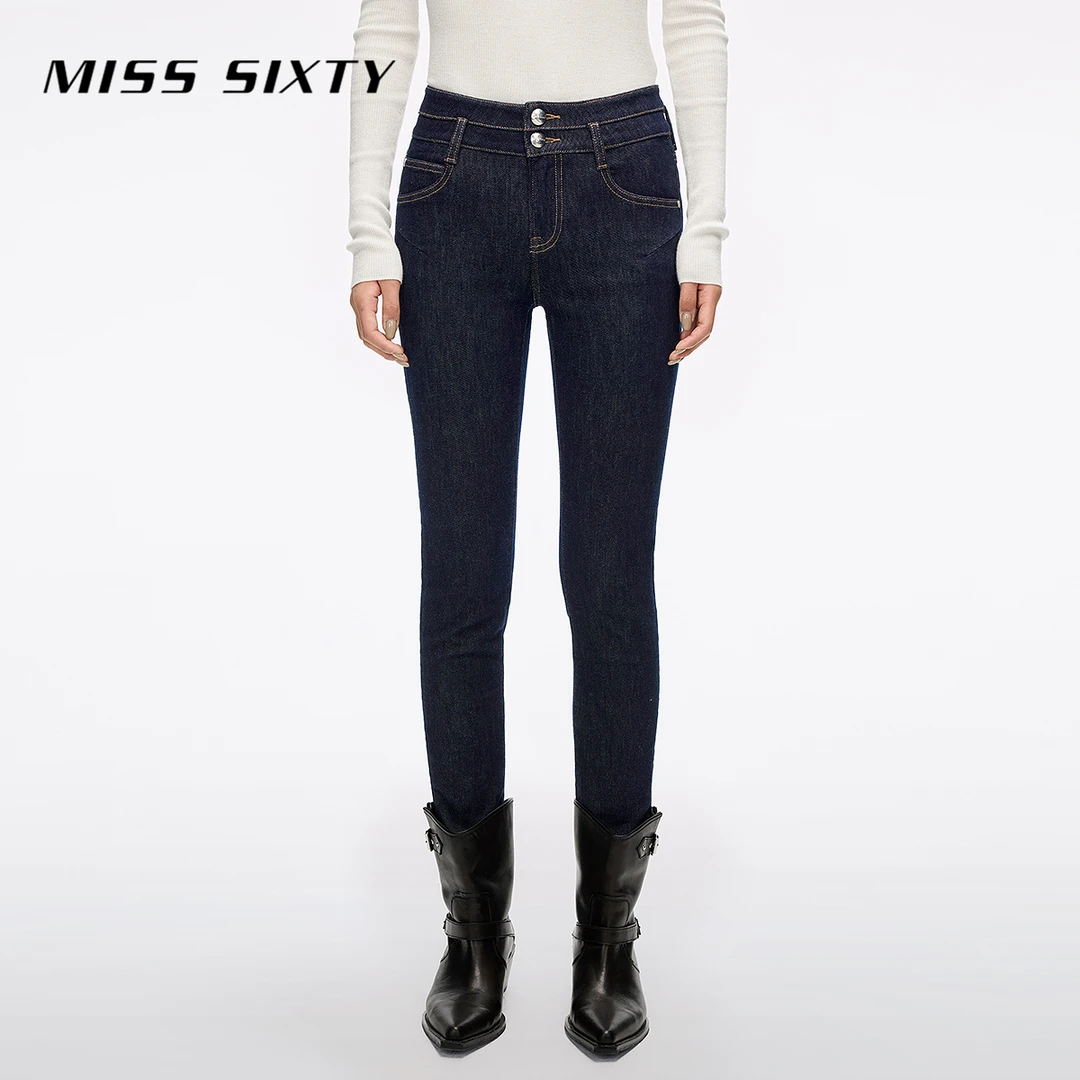 Miss Sixty2025冬季新款抓毛牛仔裤女双扣高腰显瘦紧身小脚铅笔裤