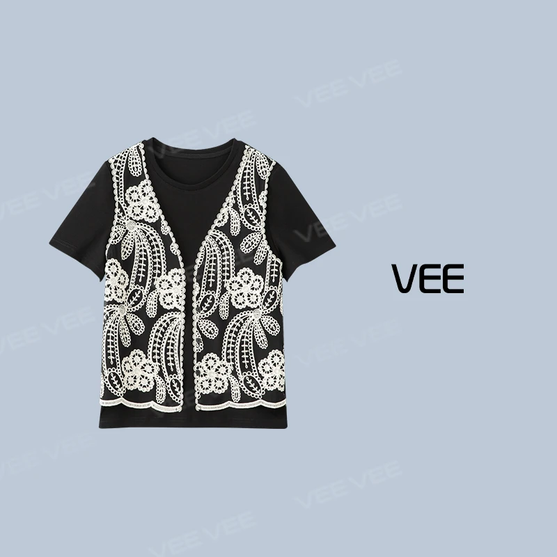 VEE【二重奏】【专属】新款气质时尚潮流蕾丝假两件圆领短袖T恤