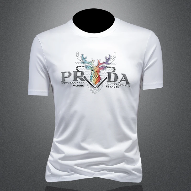 MLCRIYG潮流t恤男装圆领短袖丝光弹力圆领烫钻夏季个性半袖时尚