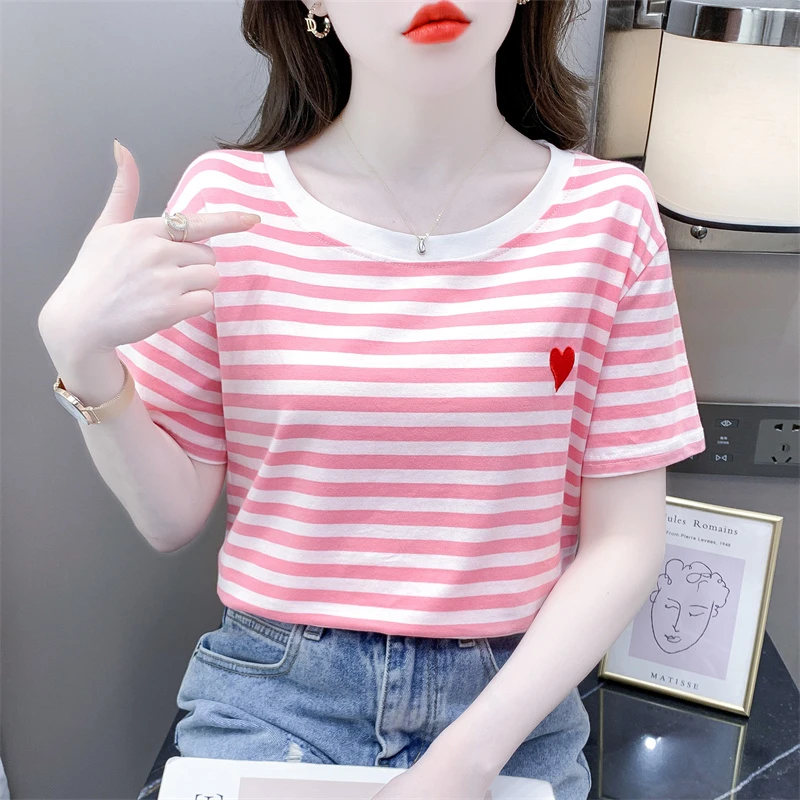 纯棉条纹短袖t恤女夏天新款爱心刺绣设计感甜美减龄宽松百搭上衣