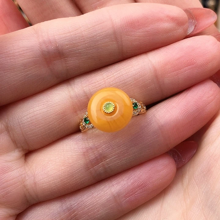 蜜蜡戒指银S925镶嵌戒指